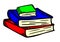 CARTOON OF A PILE OF COLORFUL BOOKS, OUTLINED BLACK