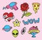 Cartoon pin badge icons from the 90s. Vector illustrations.