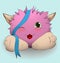 Cartoon pink creature with blue ribbon, winks and smiles