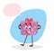 Cartoon pink dotted smiling gift box character with red ribbon and bow. Humanized party symbol with dummy speech bubble isolated o