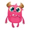 Cartoon pink horned grumpy monster. Vector illustration of cute sad monster character.