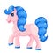 Cartoon pink horse with blue hair.