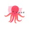 Cartoon pink octopus sleeping on soft pillow. Adorable cartoon character of mollusk with six tentacles. Flat vector