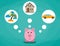 Cartoon pink piggy bank dreaming about holidays, car and house.investment, savings future planing concept flat design