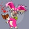 Cartoon pink rabbit with glasses reads about love