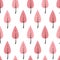 Cartoon Pink trees in a row, seamless pattern. Doodle forest or garden on a white background. Modern seamless pattern