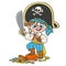 Cartoon pirate boy with saber and treasure trophies color variation for coloring page on white background