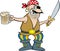 Cartoon pirate holding a sword and a beer mug.