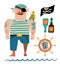 Cartoon pirate vector set. Pirate with a parrot on shoulder, flag with skull and bones, bottles of rum and steering wheel.