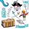 Cartoon pirates set. Hand drawn kids collection. Doodle vector illustrations pirate and parrot