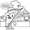 Cartoon pizza chef in the kitchen. Vector black and white coloring page.