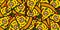 Cartoon pizza slices pattern. Delicious background with pizza