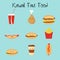 Cartoon pizza slices, potato, sandwich, candies, donuts. Fastfood fashion vector illustrations.