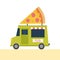 Cartoon pizza truck. Pop up cafe.