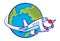 Cartoon plane flying around the globe