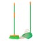 Cartoon plastic broom and scoop set. Broom sweeps dust and dirt. Housework, cleaning services, household,concept