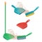 Cartoon plastic scoop set. Brush sweeps dust and dirt on dustpan. Housework, cleaning services, household,concept