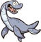 Cartoon plesiosaurus dinosaur with big smile swimming