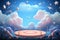Cartoon podium against a celestial backdrop, adorned with 3D rendered clouds and stars