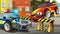 Cartoon police car officer on the road block stopping speeding car - illustration for children