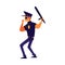 Cartoon policeman in blue uniform blowing a whistle