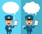 Cartoon policeman with smartphone expressing different emotions with speech bubbles