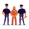 Cartoon policemen holding handcuffed criminal in orange prison uniform
