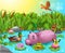 Cartoon pond with hippo and wild duck