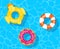 Cartoon pool swimming circles, floating rubber swim rings. Summer water toys in pool, floating inflatable lifebuoys