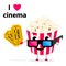 Cartoon Popcorn with eyes, 3d cinema glasses and tickets isolated on background .