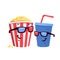 Cartoon popcorn striped bucket with plastic cup of soda in 3D glasses
