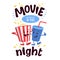 Cartoon popcorn striped bucket with plastic cup of soda banner or poster