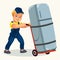 Cartoon porter transporting fridge by cart poster