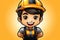 Cartoon portrait of a construction worker in a uniform and protective yellow helmet.