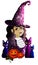 Cartoon portrait of a cute witch in a big hat, pretty face of a girl with long hair and pigtail without background