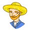 Cartoon portrait of Dutch artist Vincent Van Gogh in a straw hat