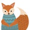 A cartoon portrait of a fox. Stylized happy fox in sweater. Drawing for children. Vector illustration of an animal for a