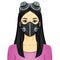 Cartoon portrait of a young Asian woman In protective leather mask and steampunk glasses.