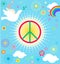 Cartoon poster in hippie style with Peace Hippie Symbol, flying paper cutting dove, rainbow, sun and flowers