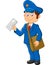 Cartoon postman holding mail and bag