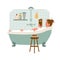 Cartoon pregnant woman relaxes in bath and reads book. Happy pregnancy. Daily life and everyday routine. Cozy bathroom with home