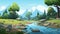 Cartoon Prehistory Game Asset River With Trees And Hill