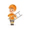 Cartoon preschool boy standing isolated on white and holding ladder in hands. Flat vector kid character dressed as