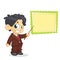 Cartoon pretty boy character in business suite pointing whiteboard. Vector illustration of a small boy presenting