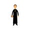 Cartoon priest character wearing traditional black cassock with cross around neck. Young catholic pastor holding Bible