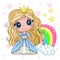Cartoon Princess on a color background with rainbow.. Cute girl. Good for greeting cards, invitations, decoration, Print for Baby