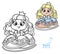 Cartoon princess doll outlined and color for coloring book