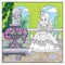 Cartoon princess in palace park near garden marble vase with a statue of Cupid for coloring page