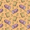 Cartoon print, Delicious pink boiled sausage and sandwich bread, seamless square pattern