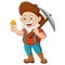 Cartoon prospector holding gold nugget and pickaxe